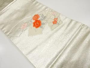 地紙に牡丹模様　刺繍　名古屋帯